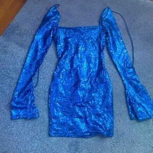 LUCY IN THE SKY Paola Sequin Long Sleeve Dress in Blue **not used!**